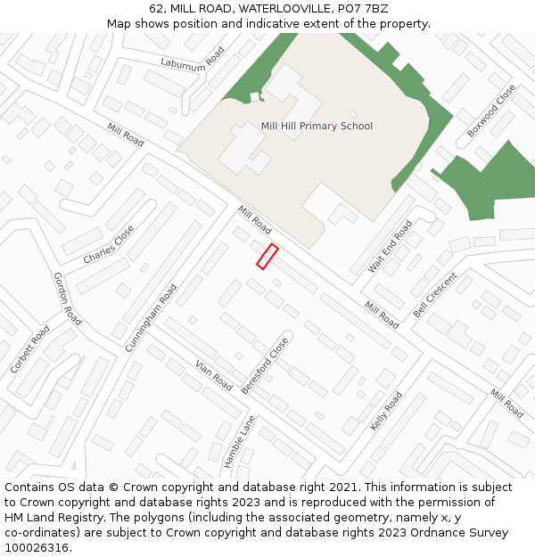62, MILL ROAD, WATERLOOVILLE, PO7 7BZ: Location map and indicative extent of plot