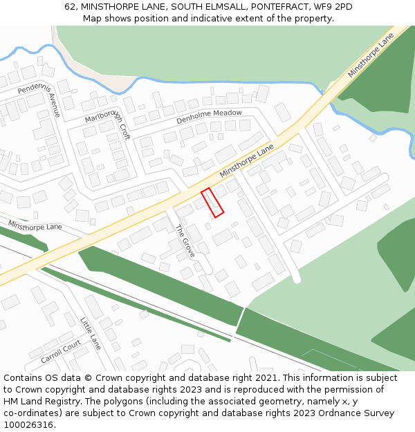 62, MINSTHORPE LANE, SOUTH ELMSALL, PONTEFRACT, WF9 2PD: Location map and indicative extent of plot