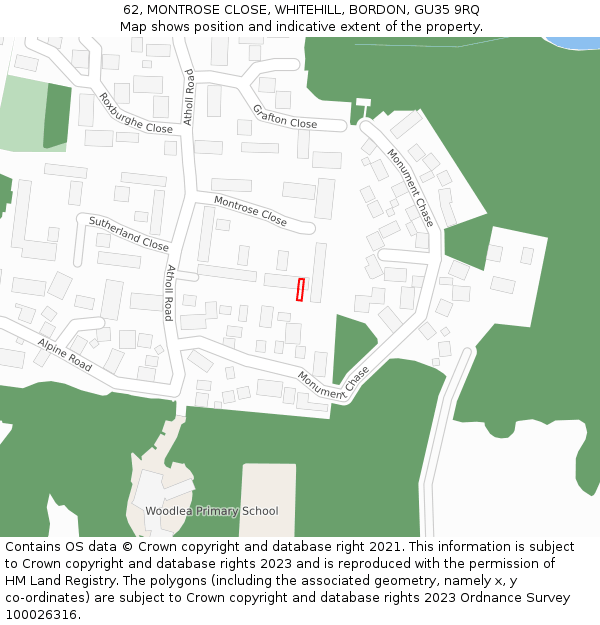 62, MONTROSE CLOSE, WHITEHILL, BORDON, GU35 9RQ: Location map and indicative extent of plot