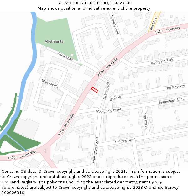 62, MOORGATE, RETFORD, DN22 6RN: Location map and indicative extent of plot