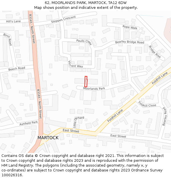 62, MOORLANDS PARK, MARTOCK, TA12 6DW: Location map and indicative extent of plot