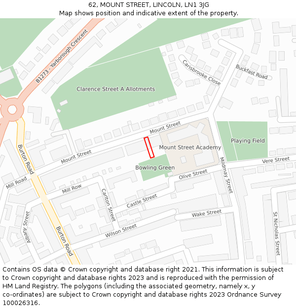 62, MOUNT STREET, LINCOLN, LN1 3JG: Location map and indicative extent of plot