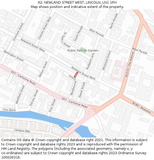62, NEWLAND STREET WEST, LINCOLN, LN1 1PH: Location map and indicative extent of plot