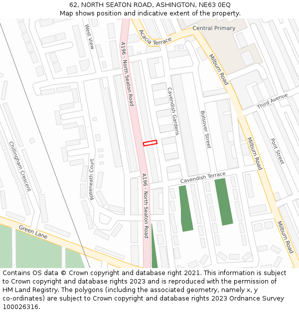 62, NORTH SEATON ROAD, ASHINGTON, NE63 0EQ: Location map and indicative extent of plot