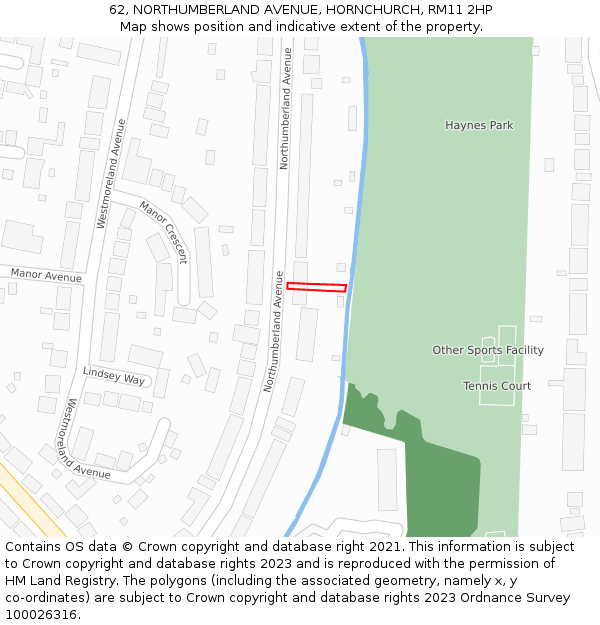 62, NORTHUMBERLAND AVENUE, HORNCHURCH, RM11 2HP: Location map and indicative extent of plot