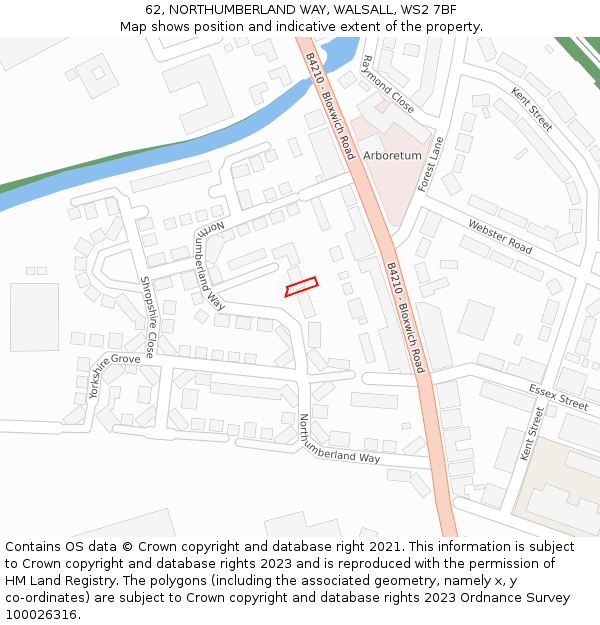 62, NORTHUMBERLAND WAY, WALSALL, WS2 7BF: Location map and indicative extent of plot