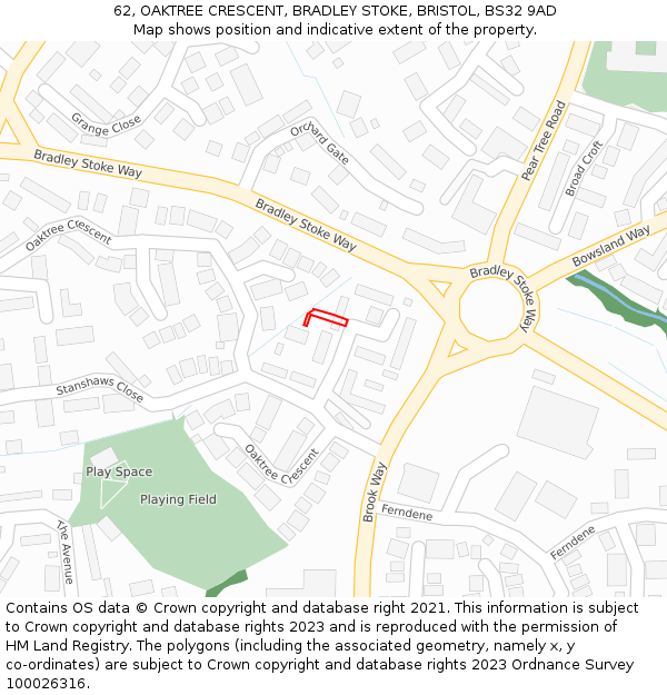 62, OAKTREE CRESCENT, BRADLEY STOKE, BRISTOL, BS32 9AD: Location map and indicative extent of plot