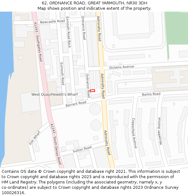 62, ORDNANCE ROAD, GREAT YARMOUTH, NR30 3DH: Location map and indicative extent of plot