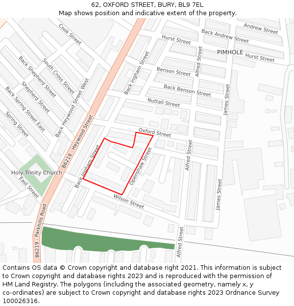 62, OXFORD STREET, BURY, BL9 7EL: Location map and indicative extent of plot