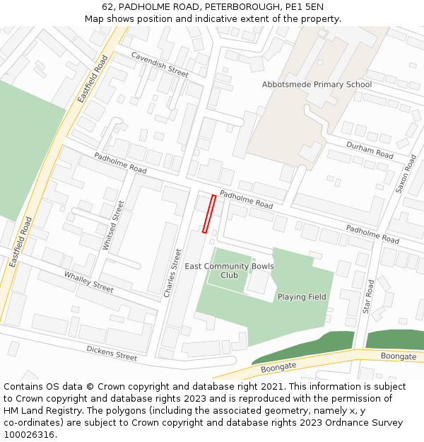 62, PADHOLME ROAD, PETERBOROUGH, PE1 5EN: Location map and indicative extent of plot