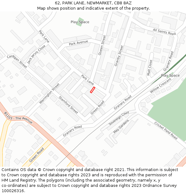 62, PARK LANE, NEWMARKET, CB8 8AZ: Location map and indicative extent of plot