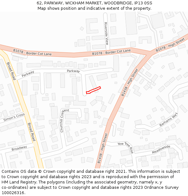62, PARKWAY, WICKHAM MARKET, WOODBRIDGE, IP13 0SS: Location map and indicative extent of plot