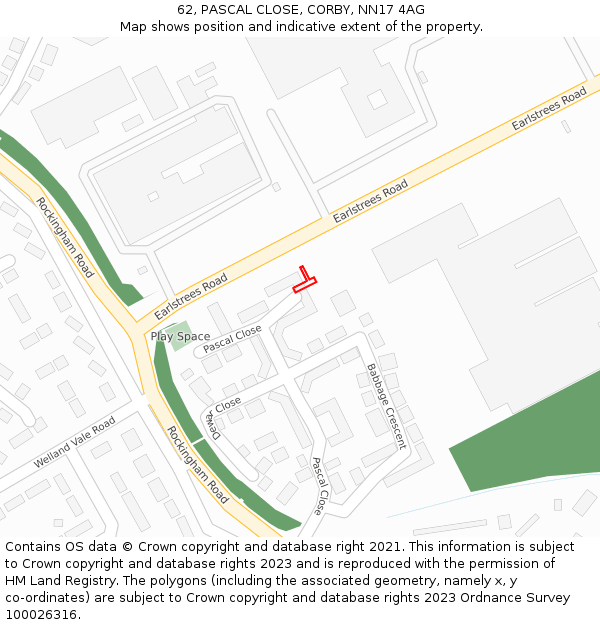 62, PASCAL CLOSE, CORBY, NN17 4AG: Location map and indicative extent of plot