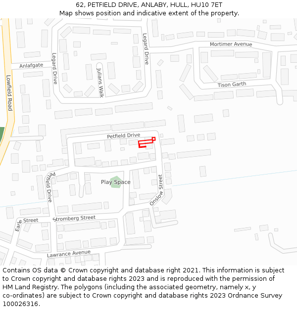 62, PETFIELD DRIVE, ANLABY, HULL, HU10 7ET: Location map and indicative extent of plot