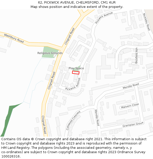 62, PICKWICK AVENUE, CHELMSFORD, CM1 4UR: Location map and indicative extent of plot