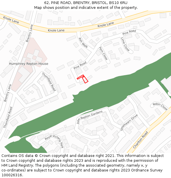 62, PINE ROAD, BRENTRY, BRISTOL, BS10 6RU: Location map and indicative extent of plot