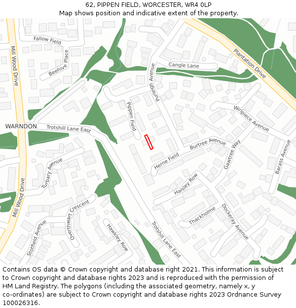 62, PIPPEN FIELD, WORCESTER, WR4 0LP: Location map and indicative extent of plot