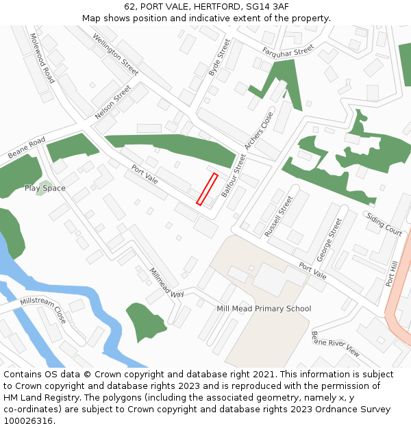 62, PORT VALE, HERTFORD, SG14 3AF: Location map and indicative extent of plot