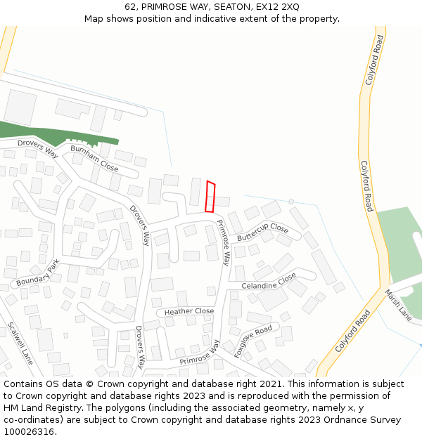 62, PRIMROSE WAY, SEATON, EX12 2XQ: Location map and indicative extent of plot