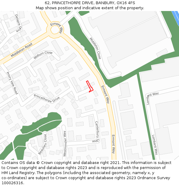 62, PRINCETHORPE DRIVE, BANBURY, OX16 4FS: Location map and indicative extent of plot