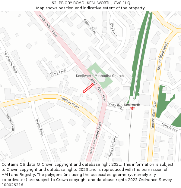 62, PRIORY ROAD, KENILWORTH, CV8 1LQ: Location map and indicative extent of plot