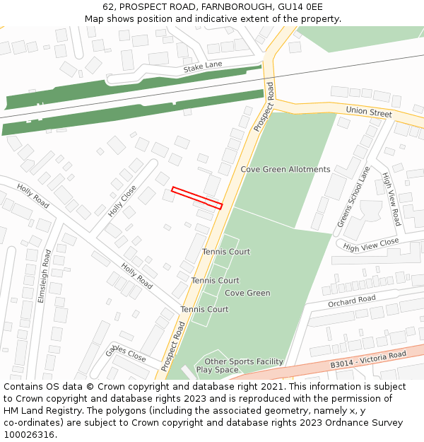 62, PROSPECT ROAD, FARNBOROUGH, GU14 0EE: Location map and indicative extent of plot