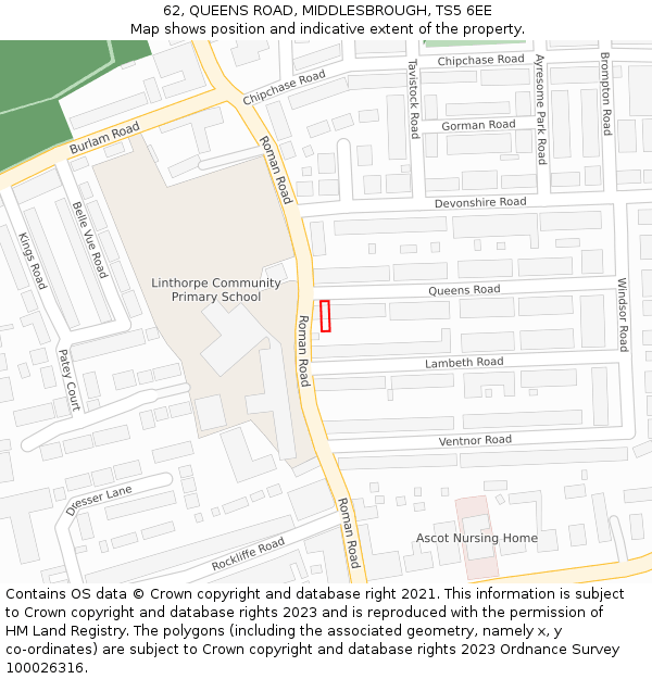 62, QUEENS ROAD, MIDDLESBROUGH, TS5 6EE: Location map and indicative extent of plot
