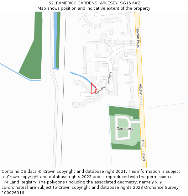 62, RAMERICK GARDENS, ARLESEY, SG15 6XZ: Location map and indicative extent of plot