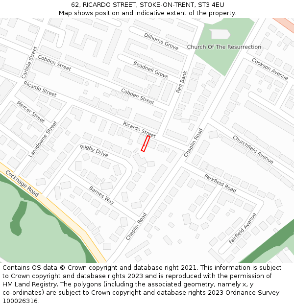 62, RICARDO STREET, STOKE-ON-TRENT, ST3 4EU: Location map and indicative extent of plot