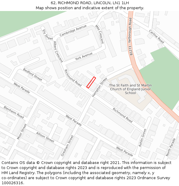 62, RICHMOND ROAD, LINCOLN, LN1 1LH: Location map and indicative extent of plot