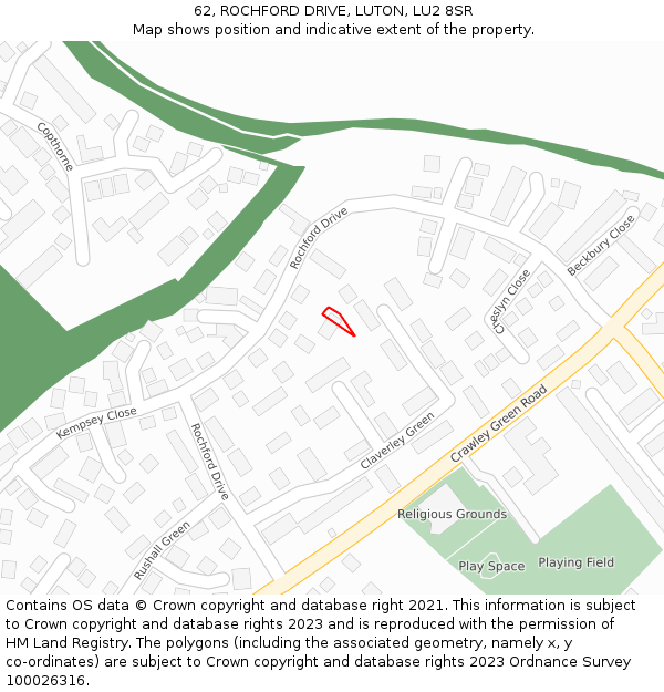 62, ROCHFORD DRIVE, LUTON, LU2 8SR: Location map and indicative extent of plot