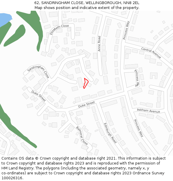62, SANDRINGHAM CLOSE, WELLINGBOROUGH, NN8 2EL: Location map and indicative extent of plot