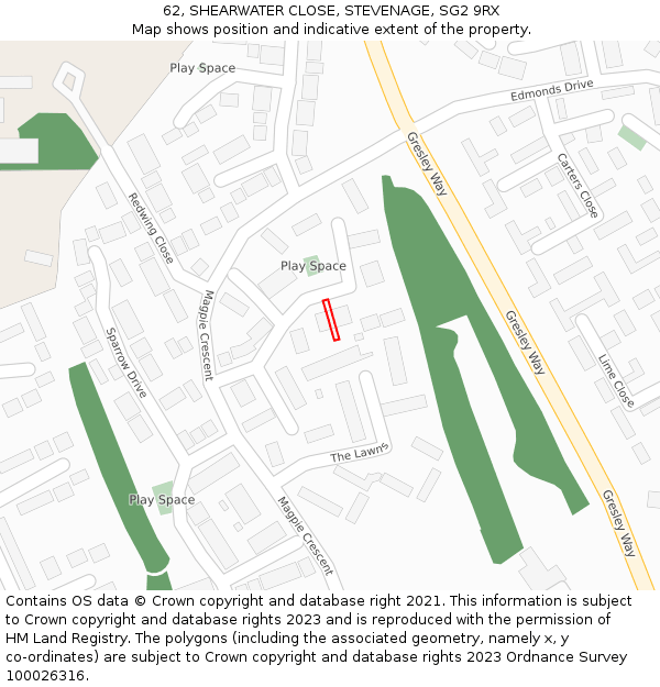 62, SHEARWATER CLOSE, STEVENAGE, SG2 9RX: Location map and indicative extent of plot