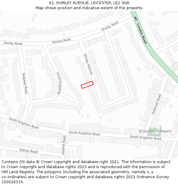 62, SHIRLEY AVENUE, LEICESTER, LE2 3NA: Location map and indicative extent of plot