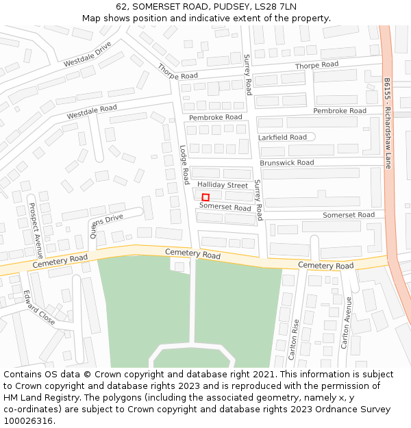 62, SOMERSET ROAD, PUDSEY, LS28 7LN: Location map and indicative extent of plot