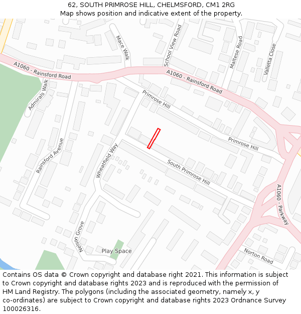62, SOUTH PRIMROSE HILL, CHELMSFORD, CM1 2RG: Location map and indicative extent of plot