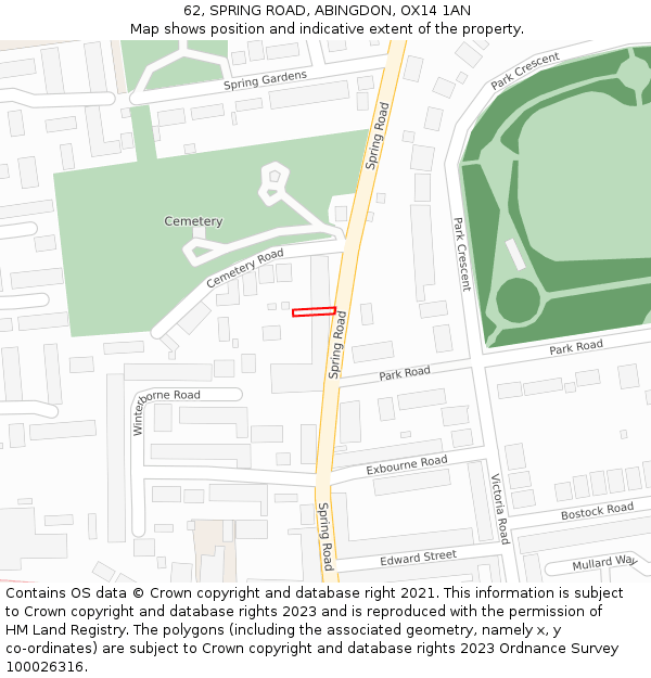 62, SPRING ROAD, ABINGDON, OX14 1AN: Location map and indicative extent of plot