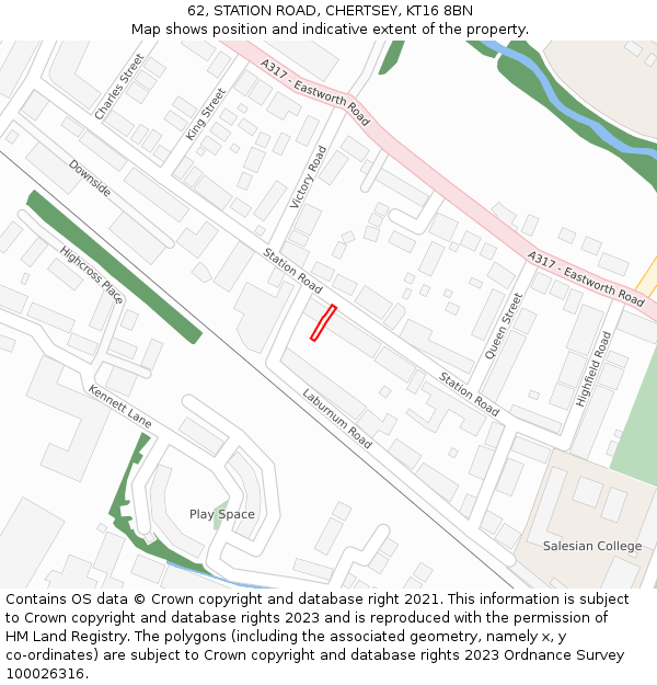 62, STATION ROAD, CHERTSEY, KT16 8BN: Location map and indicative extent of plot
