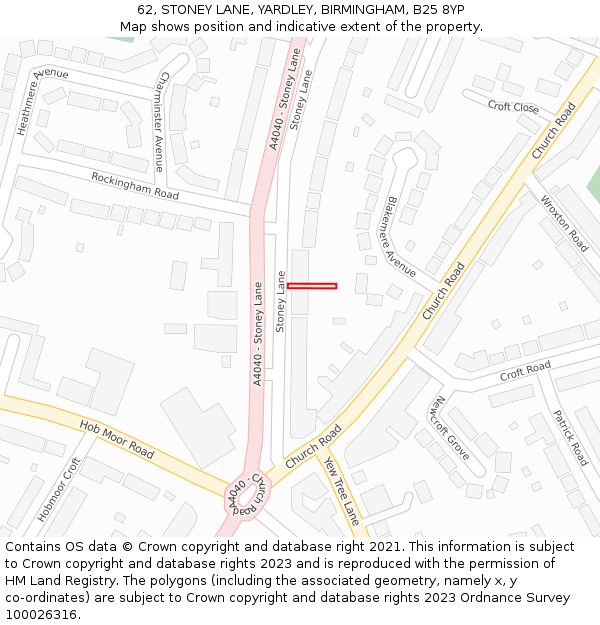 62, STONEY LANE, YARDLEY, BIRMINGHAM, B25 8YP: Location map and indicative extent of plot