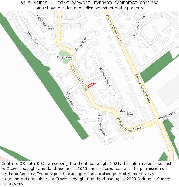 62, SUMMERS HILL DRIVE, PAPWORTH EVERARD, CAMBRIDGE, CB23 3AA: Location map and indicative extent of plot
