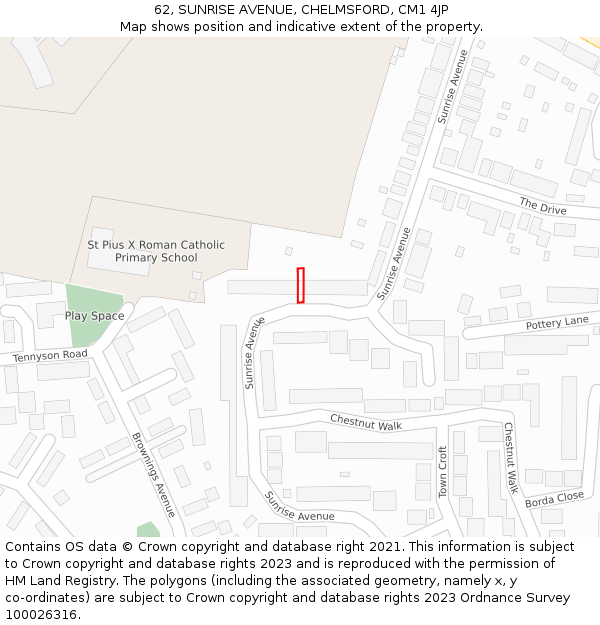 62, SUNRISE AVENUE, CHELMSFORD, CM1 4JP: Location map and indicative extent of plot
