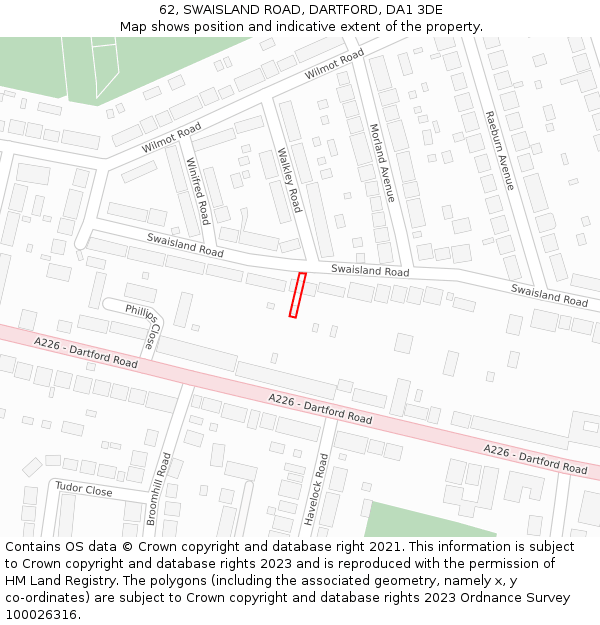 62, SWAISLAND ROAD, DARTFORD, DA1 3DE: Location map and indicative extent of plot