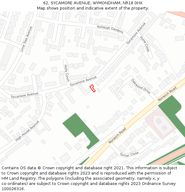 62, SYCAMORE AVENUE, WYMONDHAM, NR18 0HX: Location map and indicative extent of plot