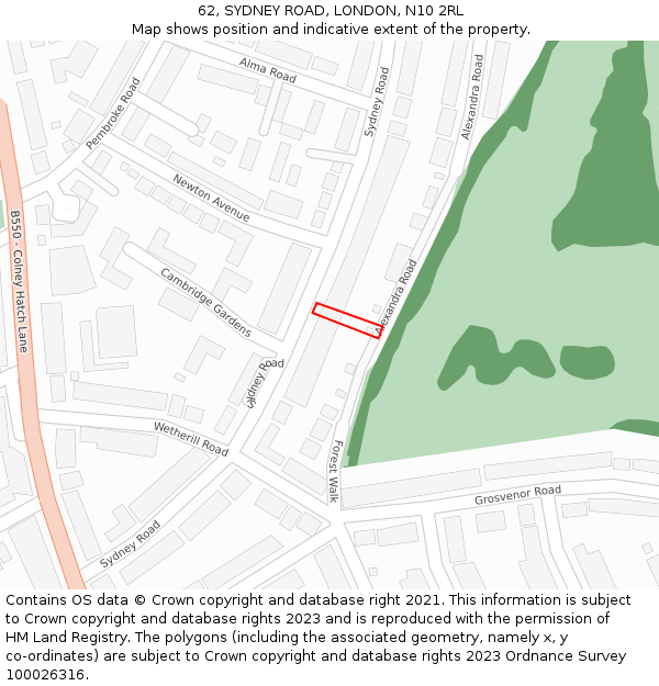 62, SYDNEY ROAD, LONDON, N10 2RL: Location map and indicative extent of plot