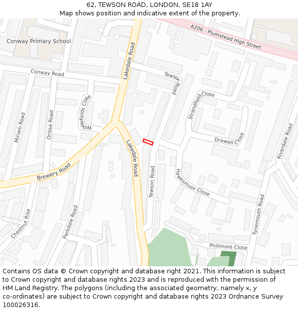 62, TEWSON ROAD, LONDON, SE18 1AY: Location map and indicative extent of plot