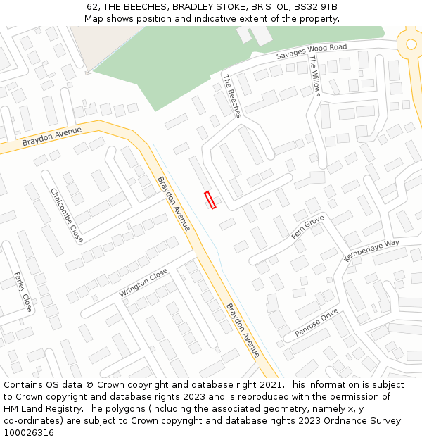 62, THE BEECHES, BRADLEY STOKE, BRISTOL, BS32 9TB: Location map and indicative extent of plot