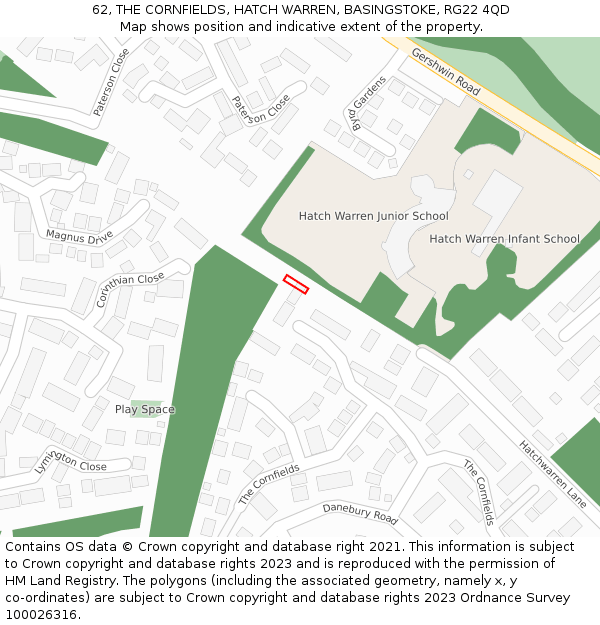 62, THE CORNFIELDS, HATCH WARREN, BASINGSTOKE, RG22 4QD: Location map and indicative extent of plot