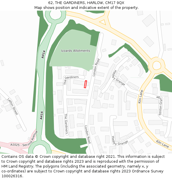 62, THE GARDINERS, HARLOW, CM17 9QX: Location map and indicative extent of plot