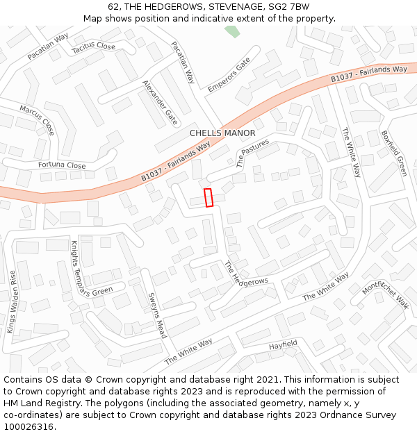 62, THE HEDGEROWS, STEVENAGE, SG2 7BW: Location map and indicative extent of plot