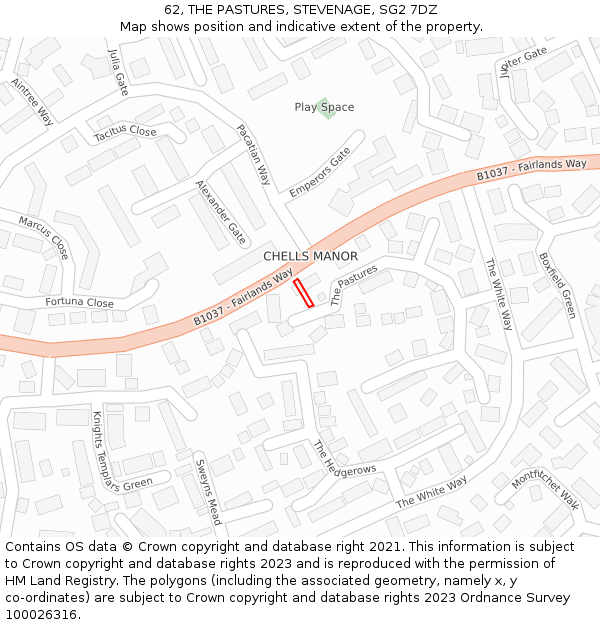 62, THE PASTURES, STEVENAGE, SG2 7DZ: Location map and indicative extent of plot